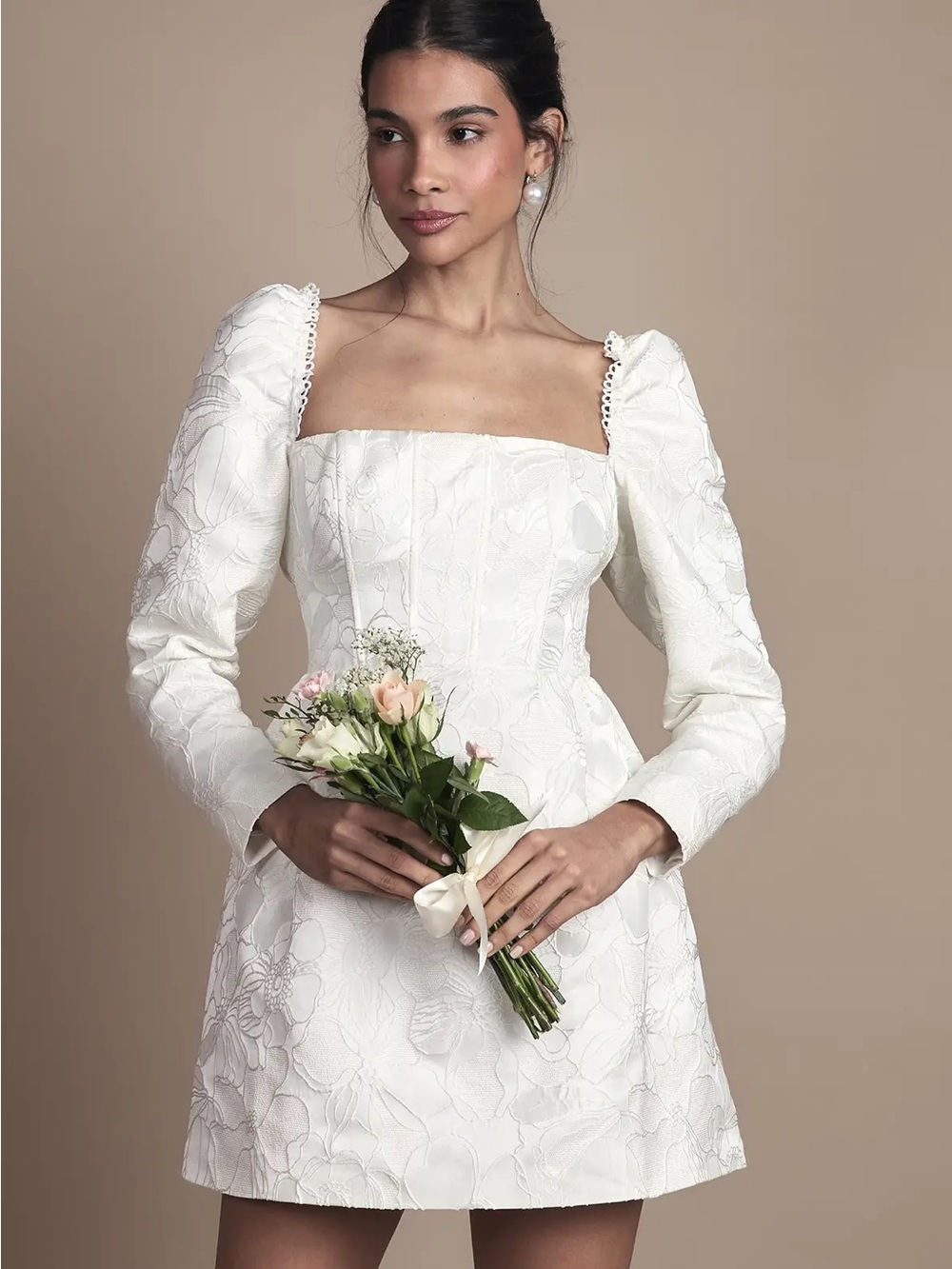 White Floral Jacquard Square-Neck Mini Dress